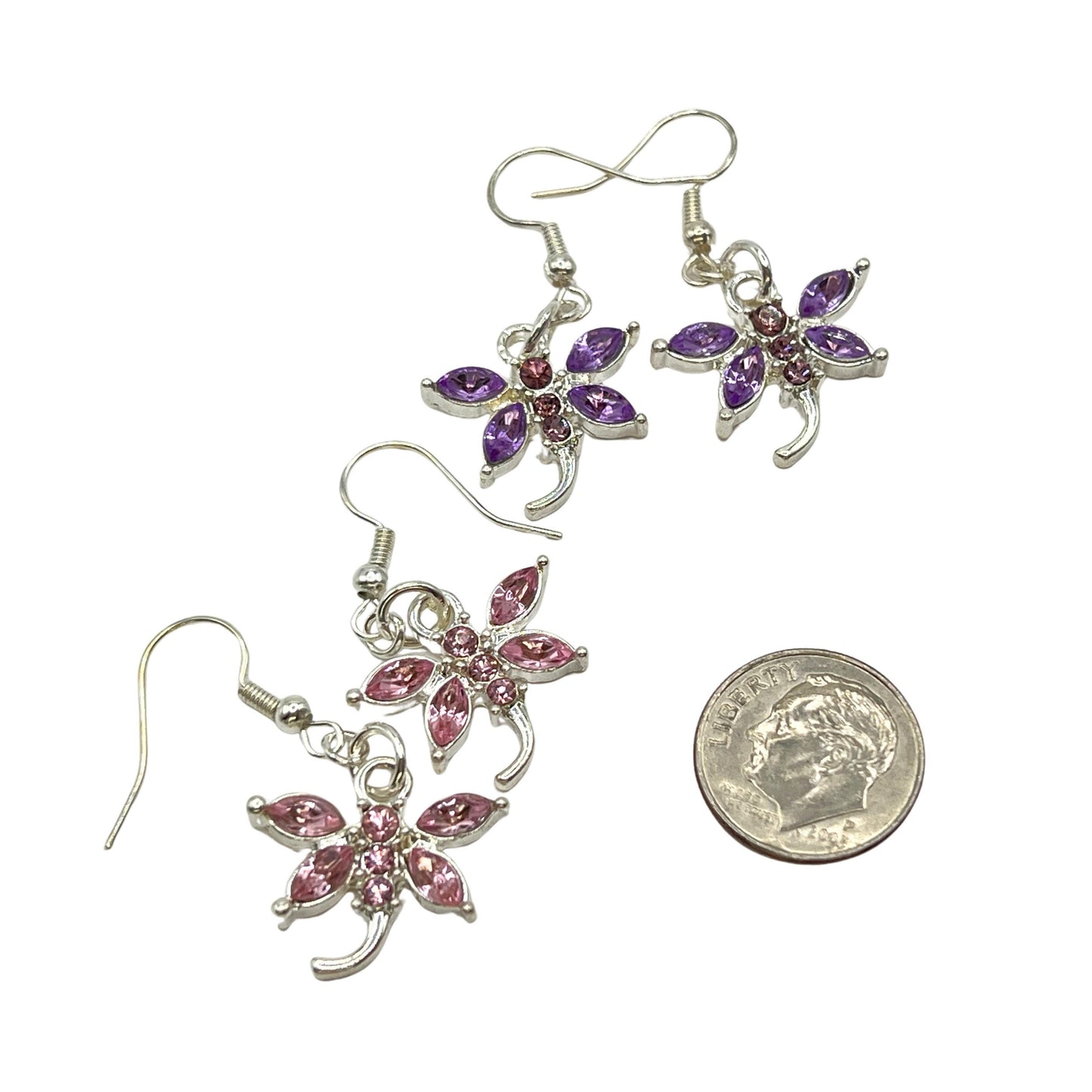Dragonfly Earrings – Pink or Purple Crystal Rhinestone Dangle, Whimsical Handmade Gift for Her