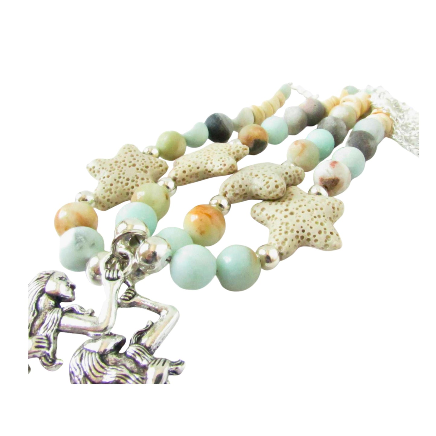 Mermaid Curtain Tiebacks – Amazonite Stone & Lava Bead Aromatherapy Diffuser, Coastal Set of 2