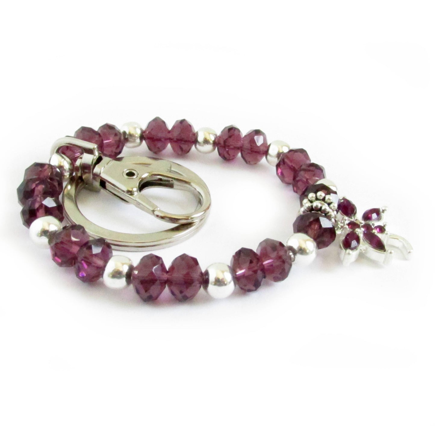 Purple Dragonfly Crystal Keychain Bracelet – Beaded Wrist Lanyard, Handmade Gift for Her