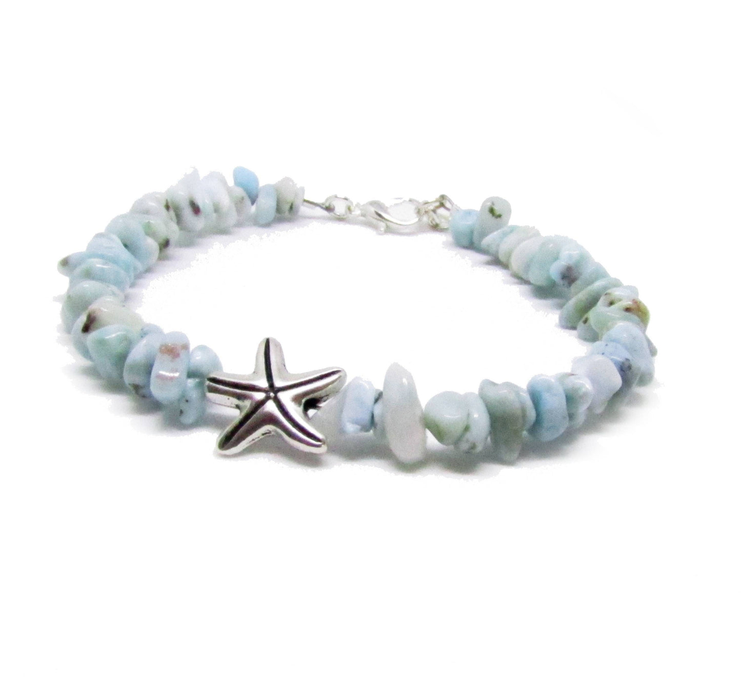 Larimar Chip Bracelet with Starfish – Healing Coastal Chakra Jewelry, Spiritual Beach Gift