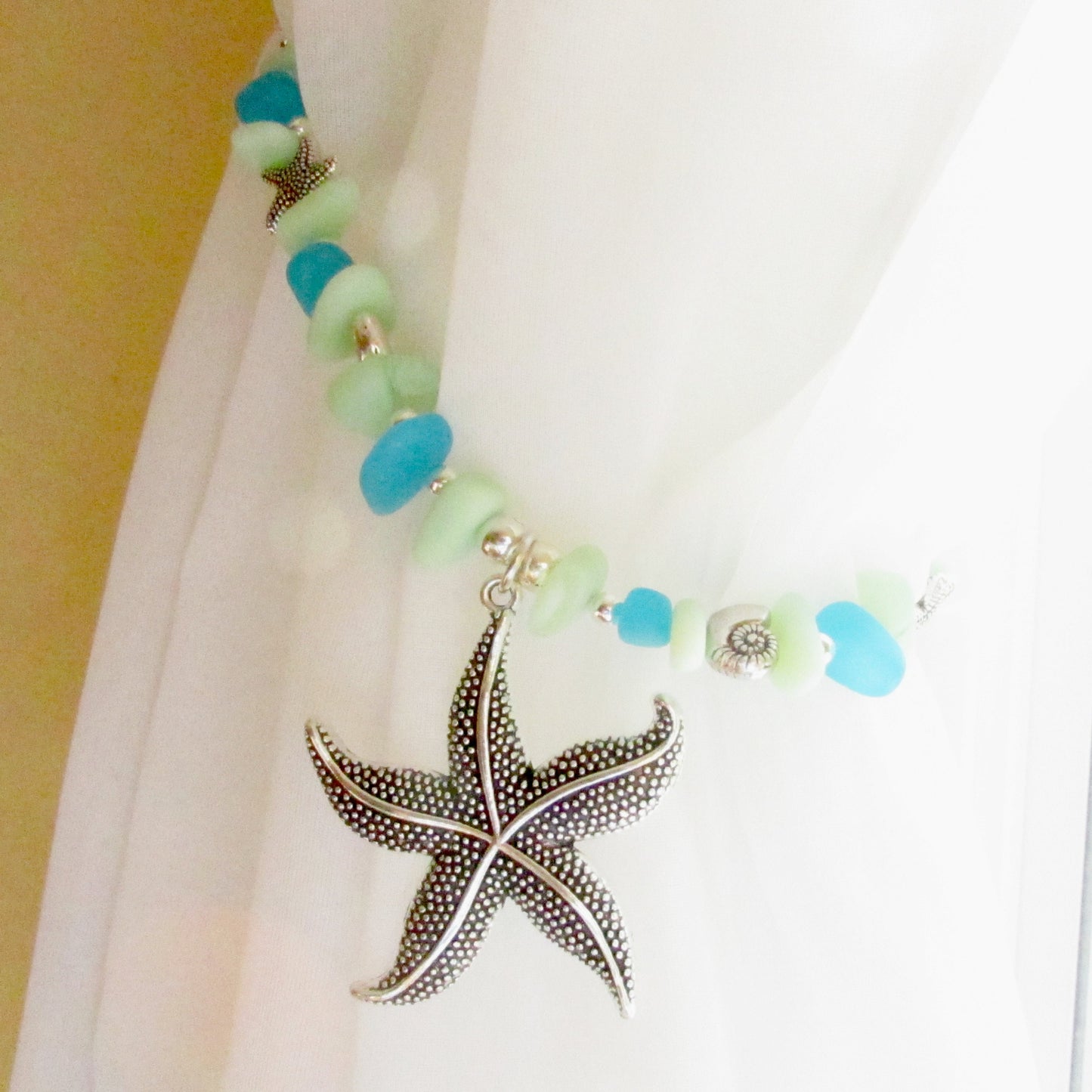 Starfish Curtain Tiebacks – Sea Glass Beaded Coastal Beach Decor, Set of 2