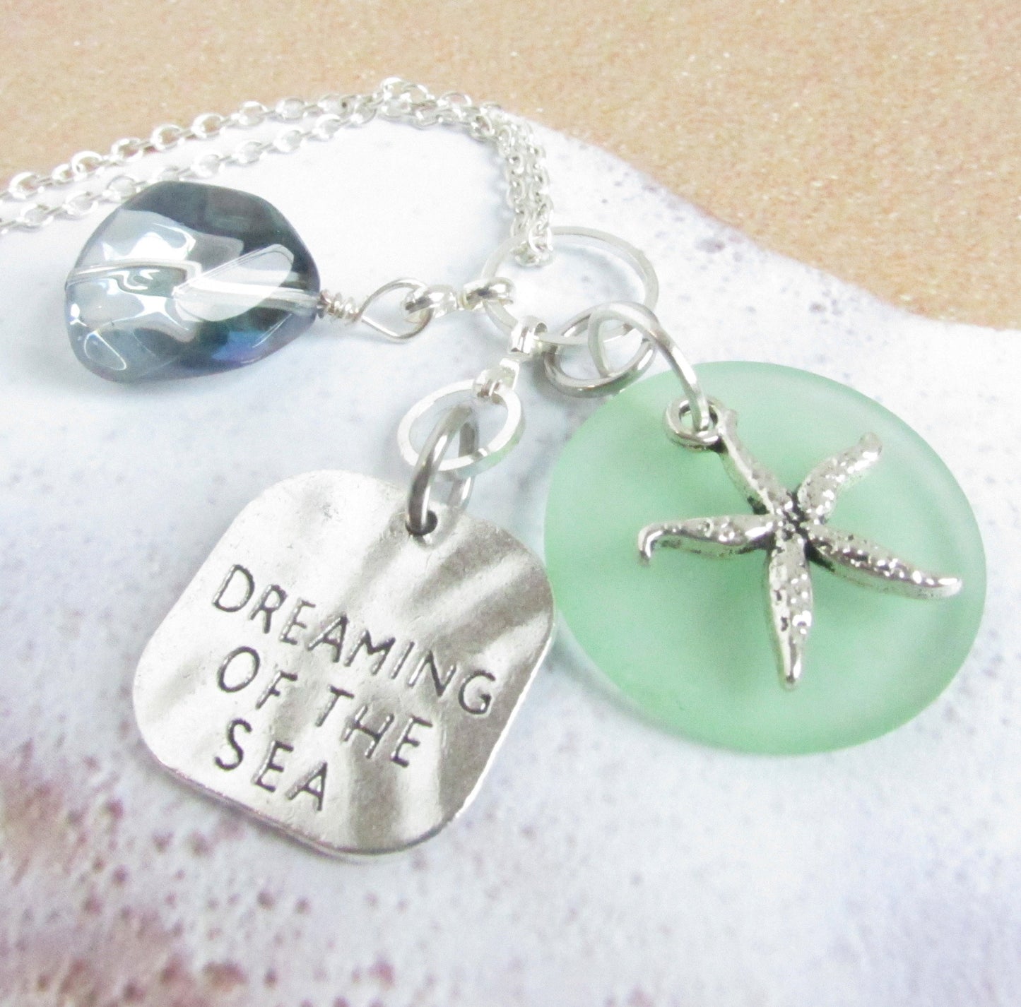 Starfish Car Charm – Sea Glass Rear View Mirror Ornament with Beach Quote