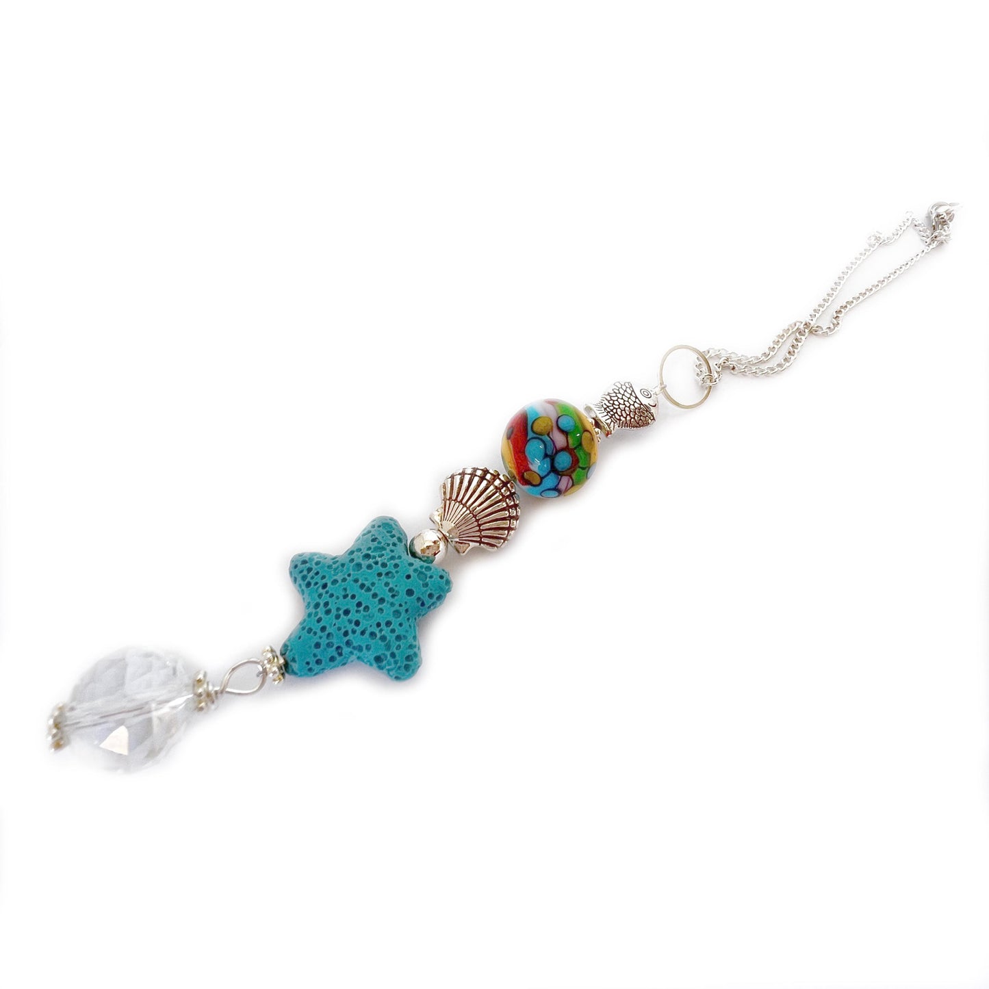 Starfish Car Charm – Beachy Rear View Mirror Diffuser with Lava Bead & Fish Charms