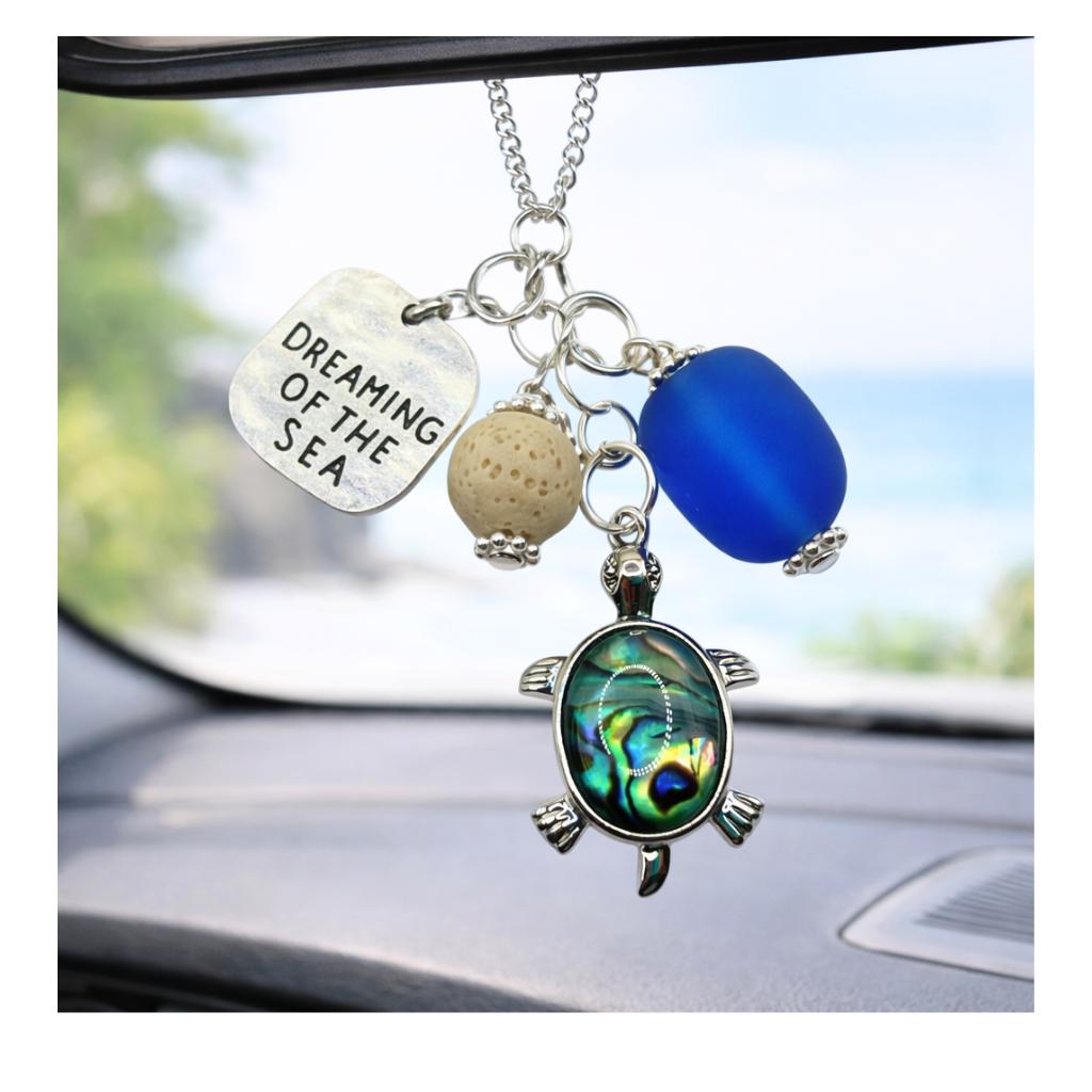 Abalone Sea Turtle Car Charm – Blue Sea Glass Rear View Mirror Dangle, Coastal Beach Accessory