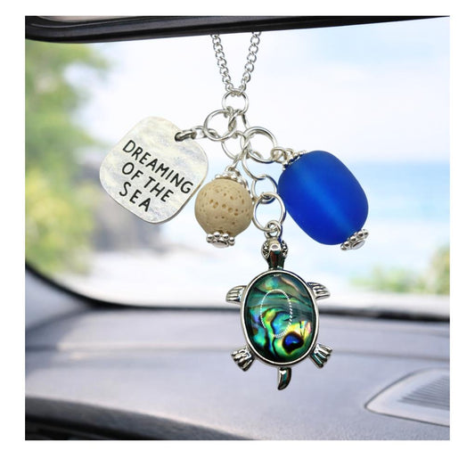 Abalone Sea Turtle Car Charm – Blue Sea Glass Rear View Mirror Dangle, Coastal Beach Accessory