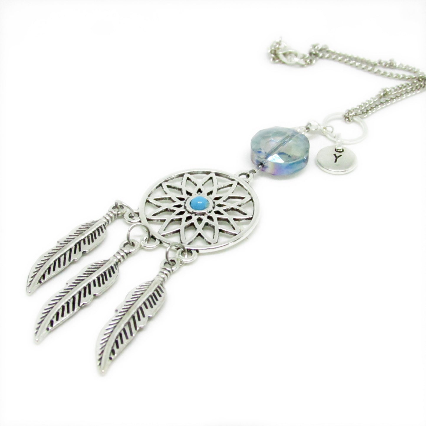 Dream Catcher Car Charm – Boho Rear View Mirror Sun Catcher with Feathers, Crystal & Optional Initial
