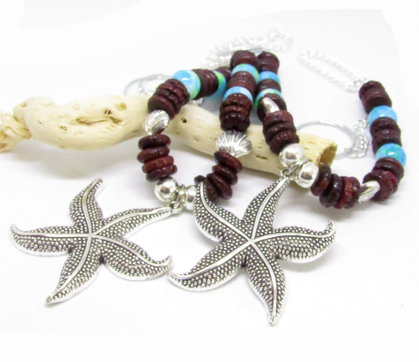 Starfish Curtain Tiebacks – Rustic Wood Bead & Sea Blue Nautical Beach Home Decor (Set of 2)