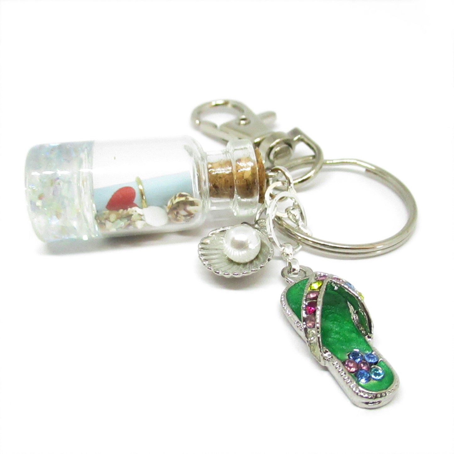 Beach Bottle Keychain – Rhinestone Flip Flop Charm with Sand & Shells, Coastal Gift for Her