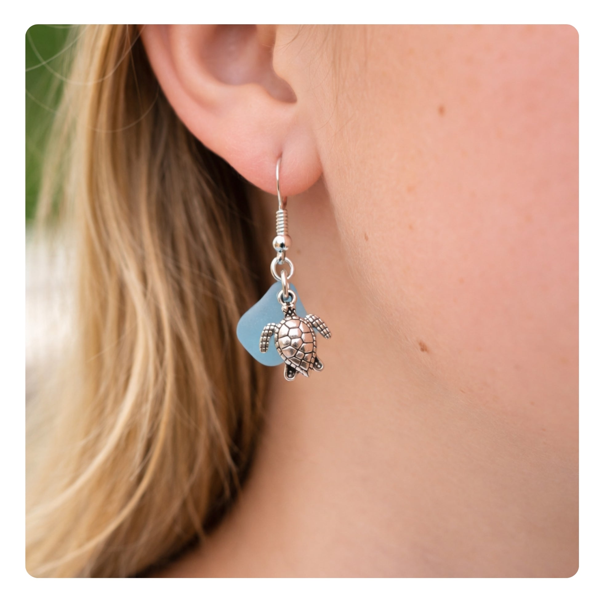 Sea turtle and starfish beach glass dangle earrings — handmade ocean coastal jewelry
