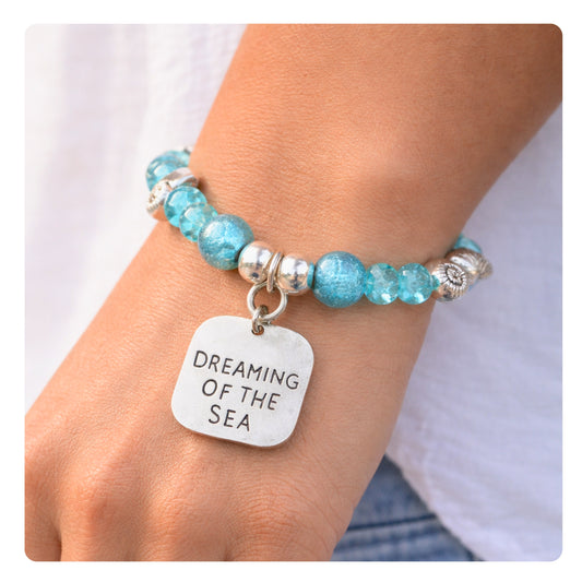 Aqua Beaded Keychain Bracelet – Shell Charm Wristlet Keyring, Coastal Beach Gift for Her