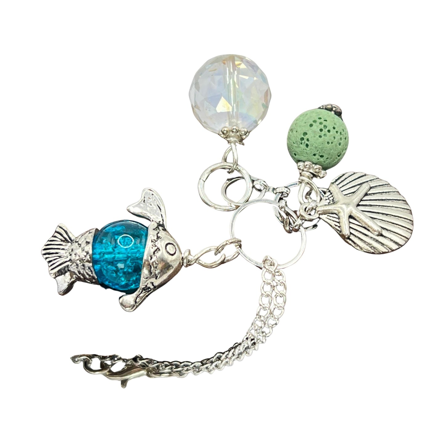 Tropical Car Diffuser Charm – Green Lava Bead & Fish Rearview Mirror Charm, Aromatherapy Car Accessory