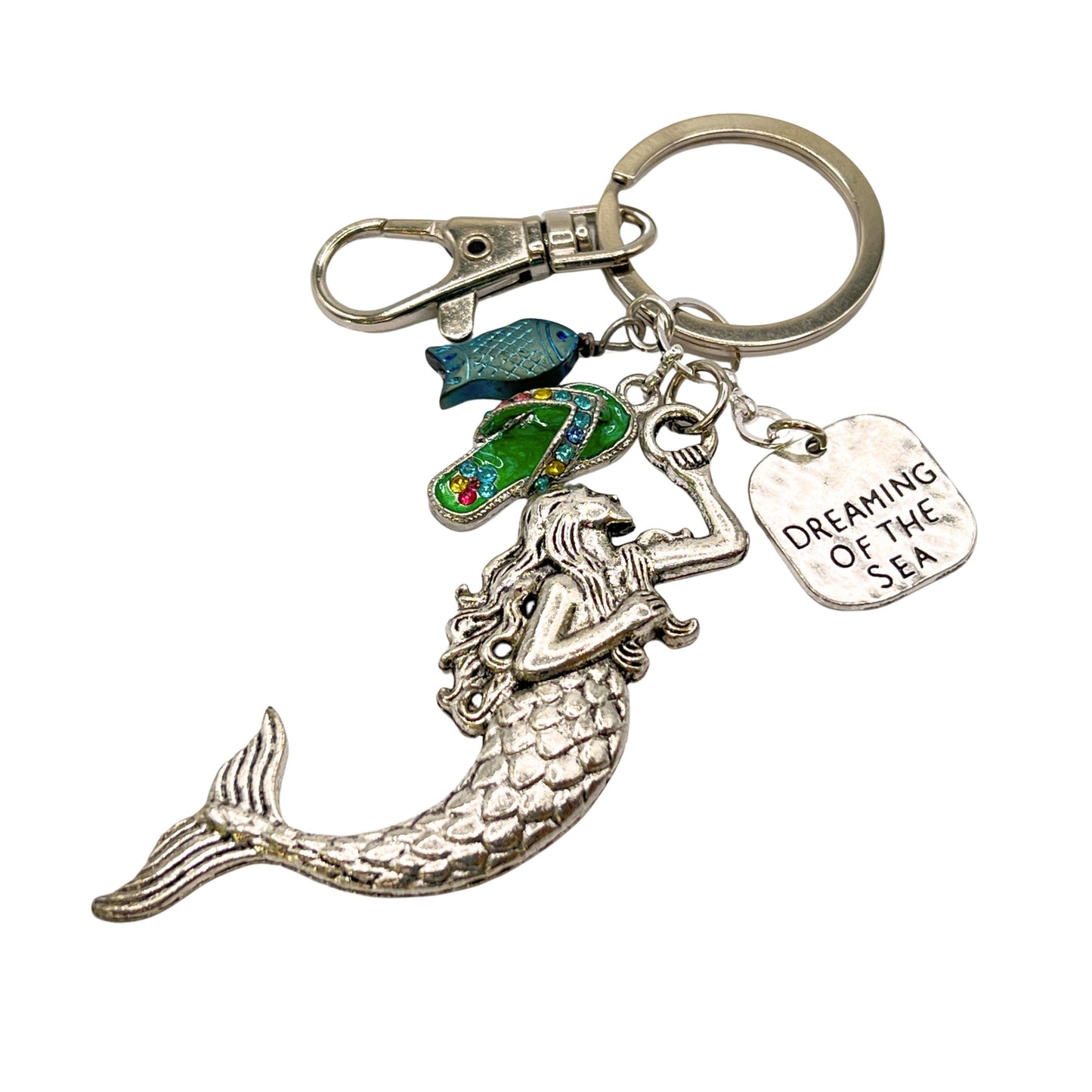 Mermaid Keychain – Enamel Mermaid, Flip Flop & Glass Fish Bead, Nautical Beach Gift for Her