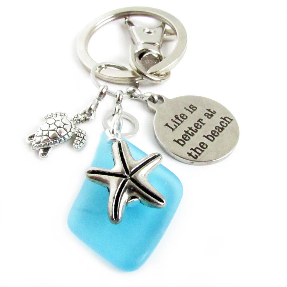 Starfish Keychain with Sea Glass Bead & Turtle Charm – Beach Lover Gift