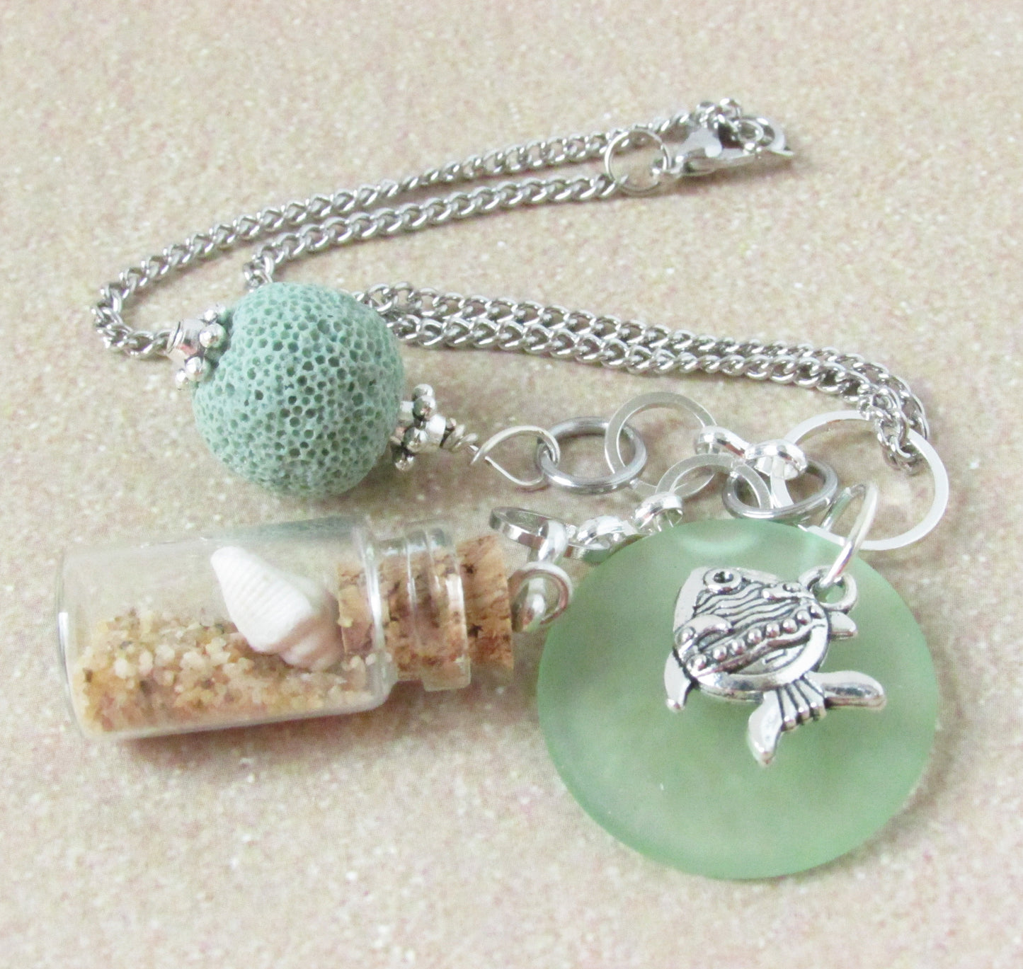 Sea Glass Car Charm – Beach Bottle & Fish Charm Rear View Mirror Diffuser, Coastal Ocean Gift