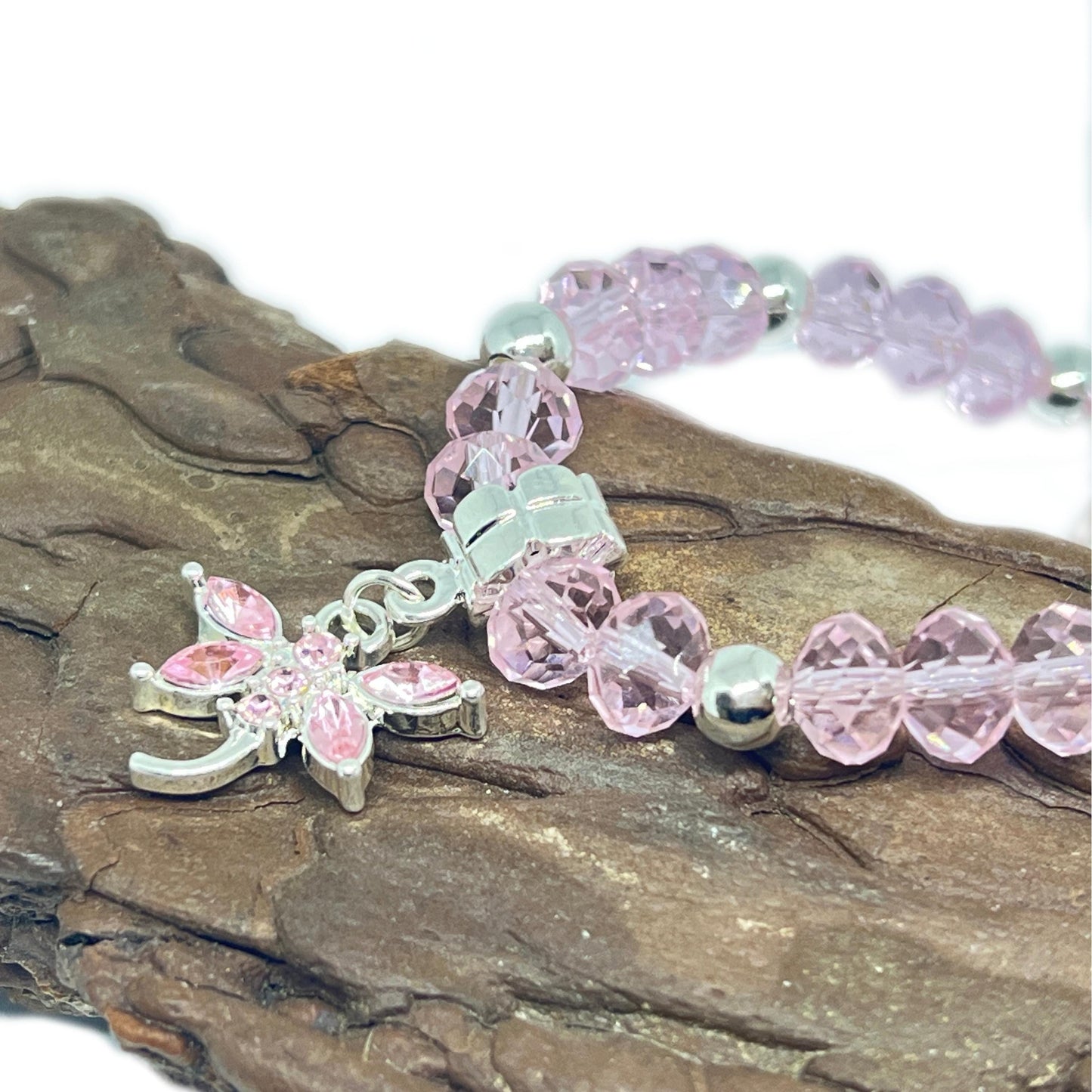 Pink Crystal Dragonfly Keychain Bracelet – Wrist Lanyard, Handmade Gift for Her