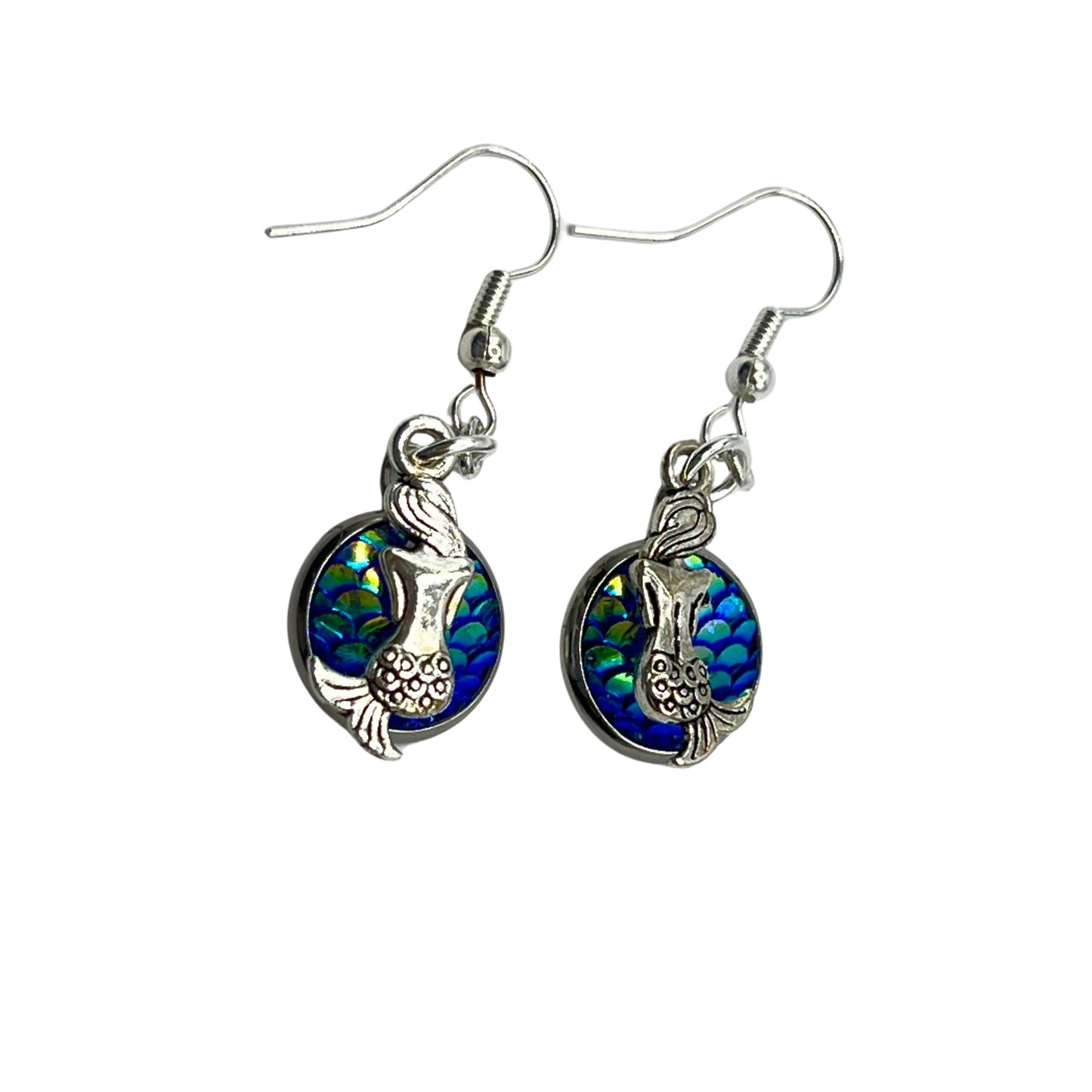 Mermaid Scale Dangle Earrings – Iridescent Fish Scale & Tiny Mermaid Charms, Coastal Ocean Gift