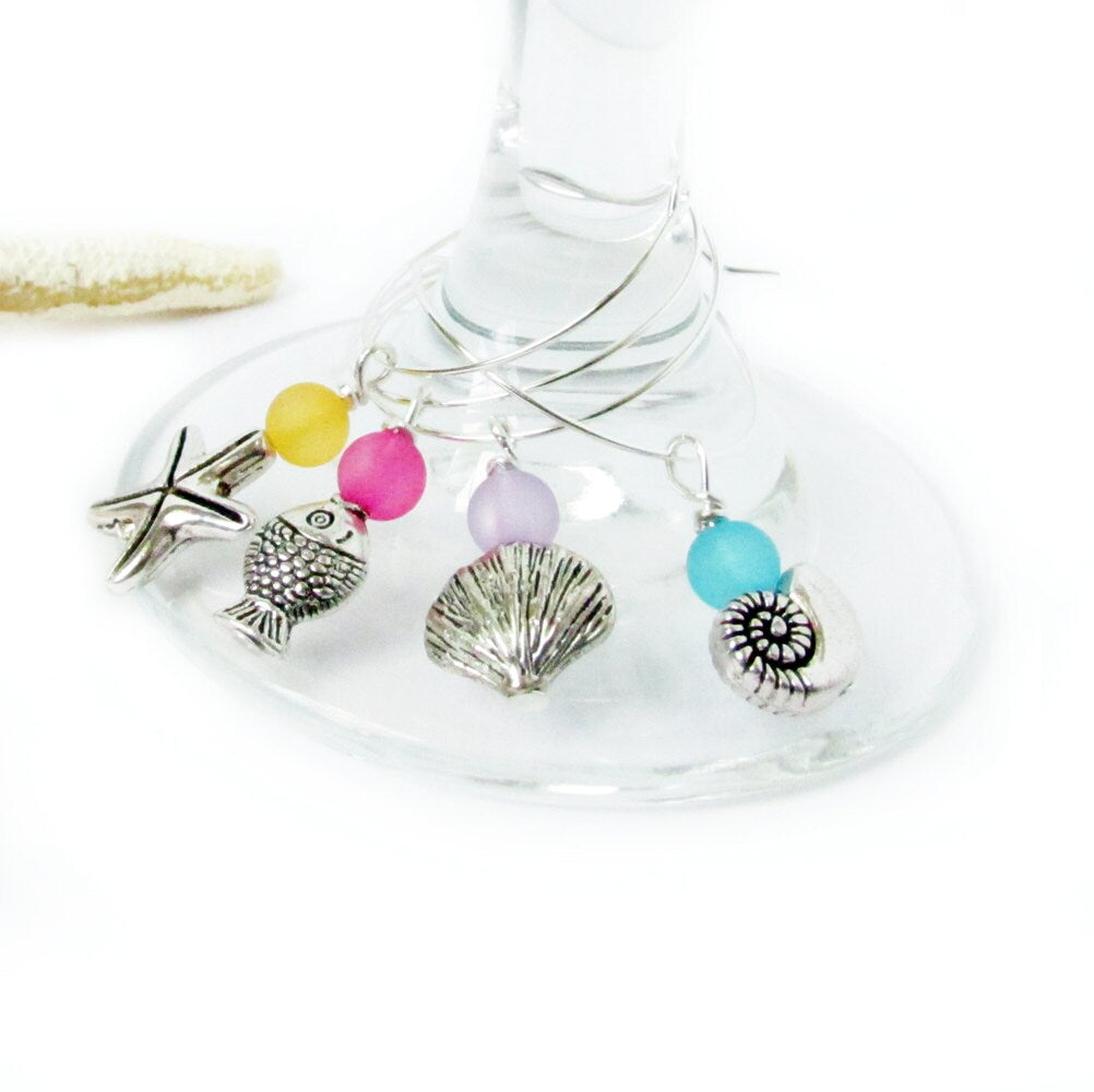 Beach Wine Glass Charms – Coastal Drink Markers with Starfish, Fish & Shell, Set of 4