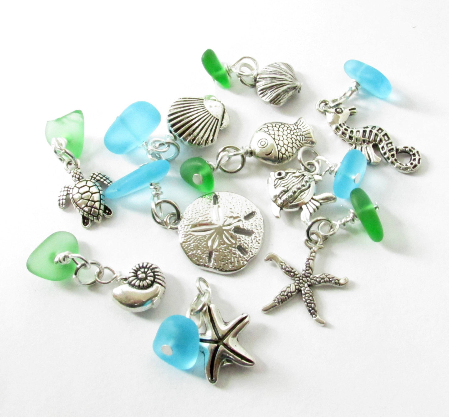 Sea Glass Wine Charm Set – Nautical Beach Charms with Starfish, Turtle & Shell, Set of 10