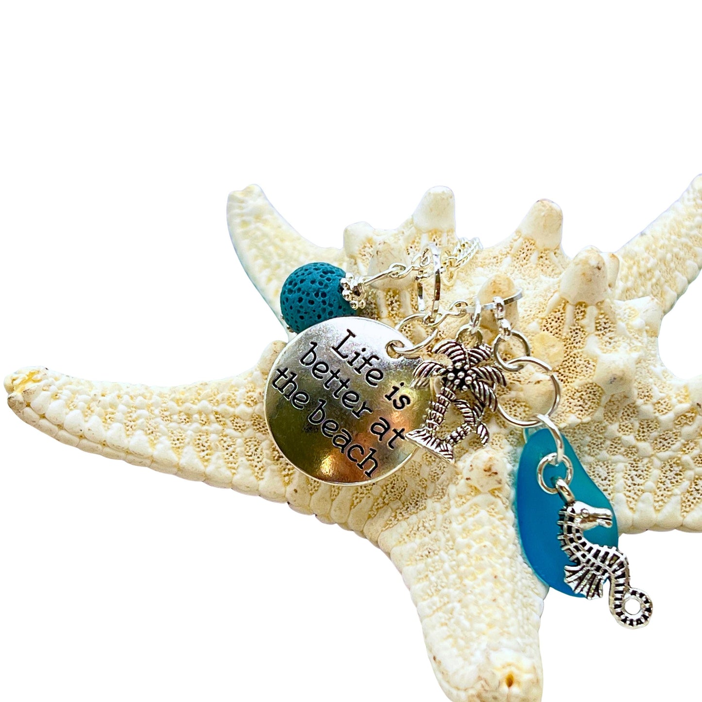 Sea Glass Rear View Mirror Charm – Tropical Beach Car Accessory with Sand Dollar & Sea Turtle