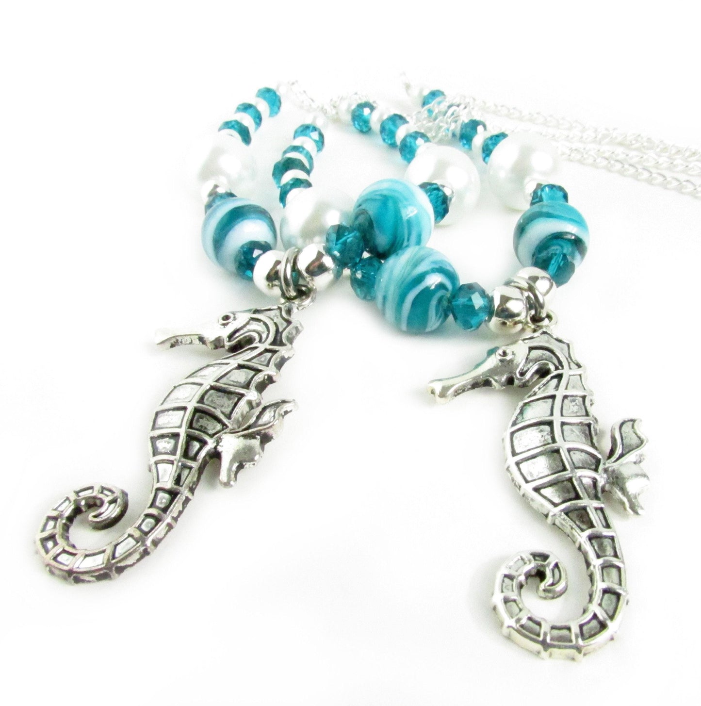 Seahorse Curtain Tiebacks – Teal Crystal Beaded Beach Cottage Chic Decor, Set of 2