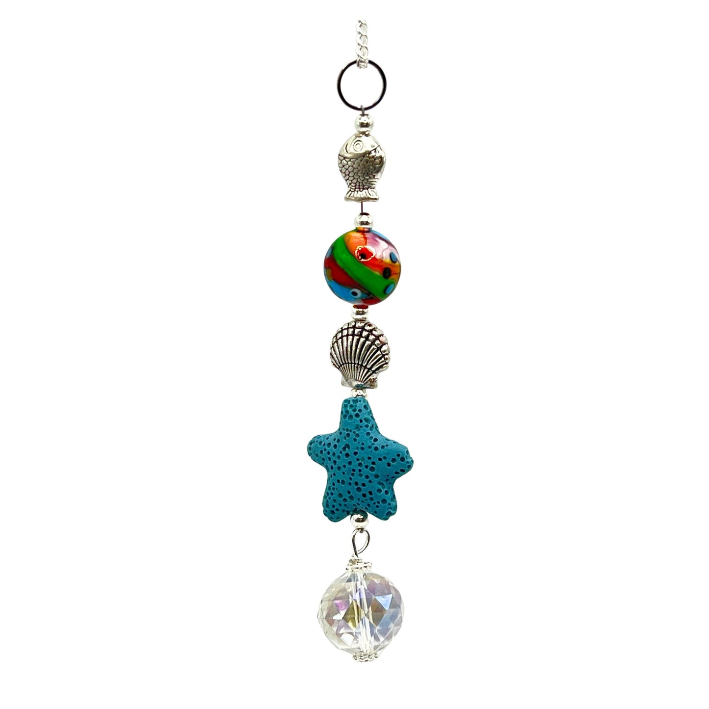 Starfish Car Charm – Beachy Rear View Mirror Diffuser with Lava Bead & Fish Charms