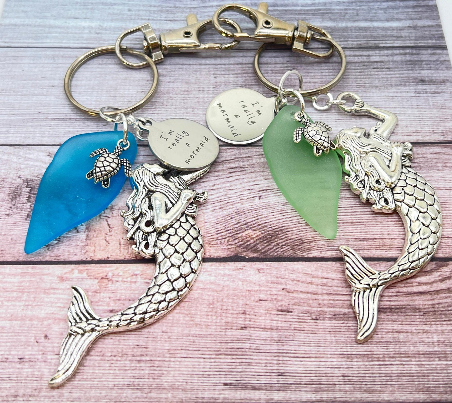 Mermaid Keychain – Sea Glass Charm in Blue or Green, Beach Gift for Women (Keychain or Car Charm)
