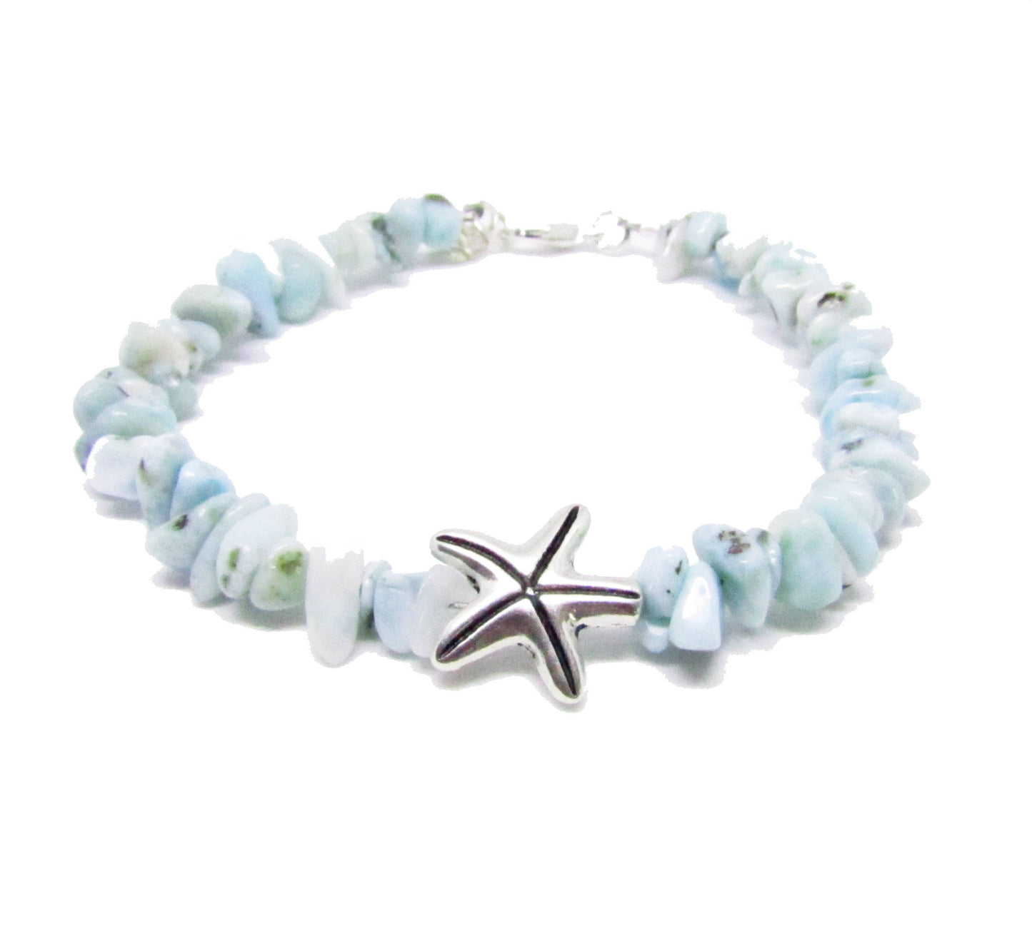 Larimar Chip Bracelet with Starfish – Healing Coastal Chakra Jewelry, Spiritual Beach Gift
