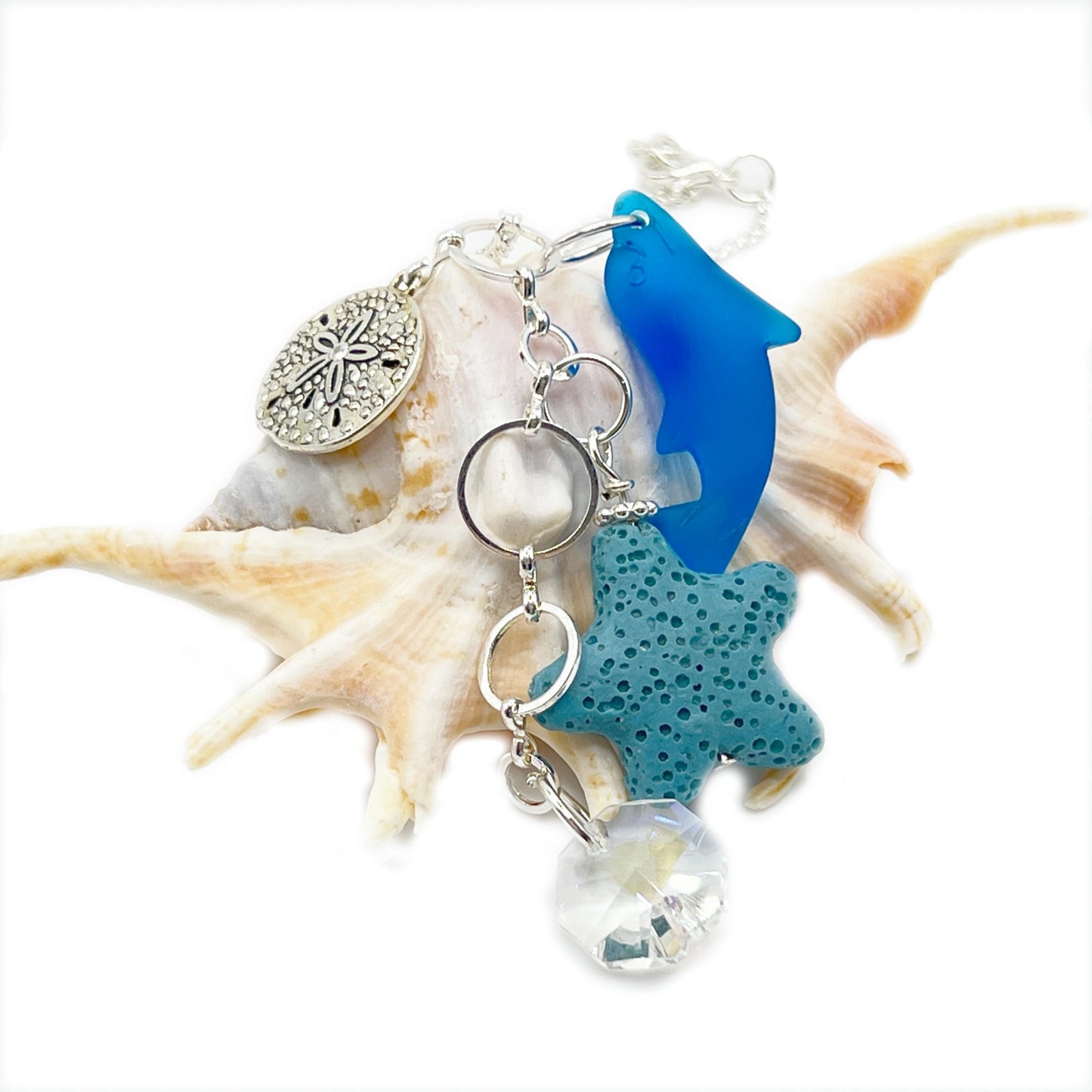 Sea Glass Dolphin Rear View Mirror Charm – Lava Bead Aromatherapy Car Diffuser, Coastal Gift