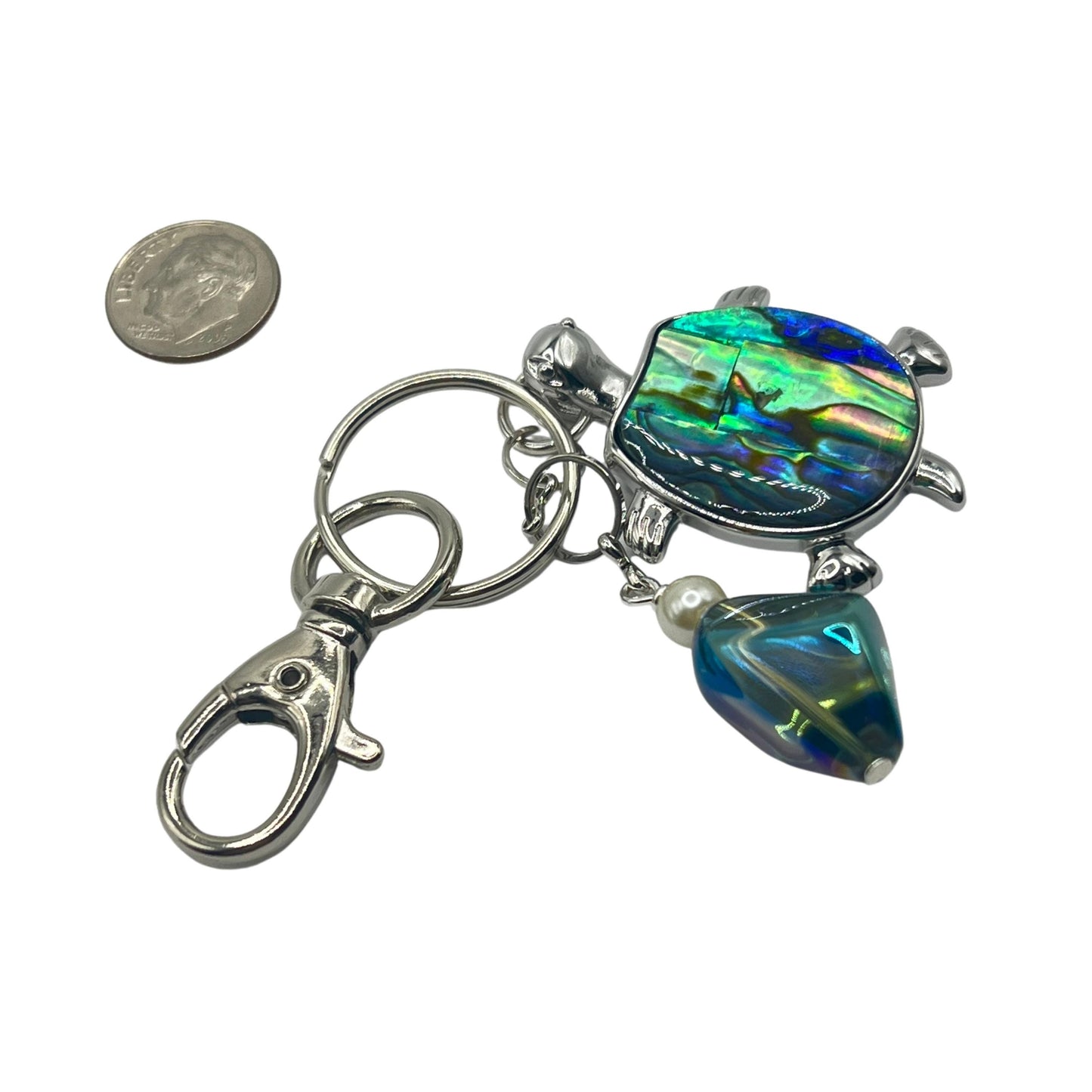 Abalone Shell Sea Turtle Keychain – Pearl Bead Coastal Keyring, Nature-Inspired Beach Gift