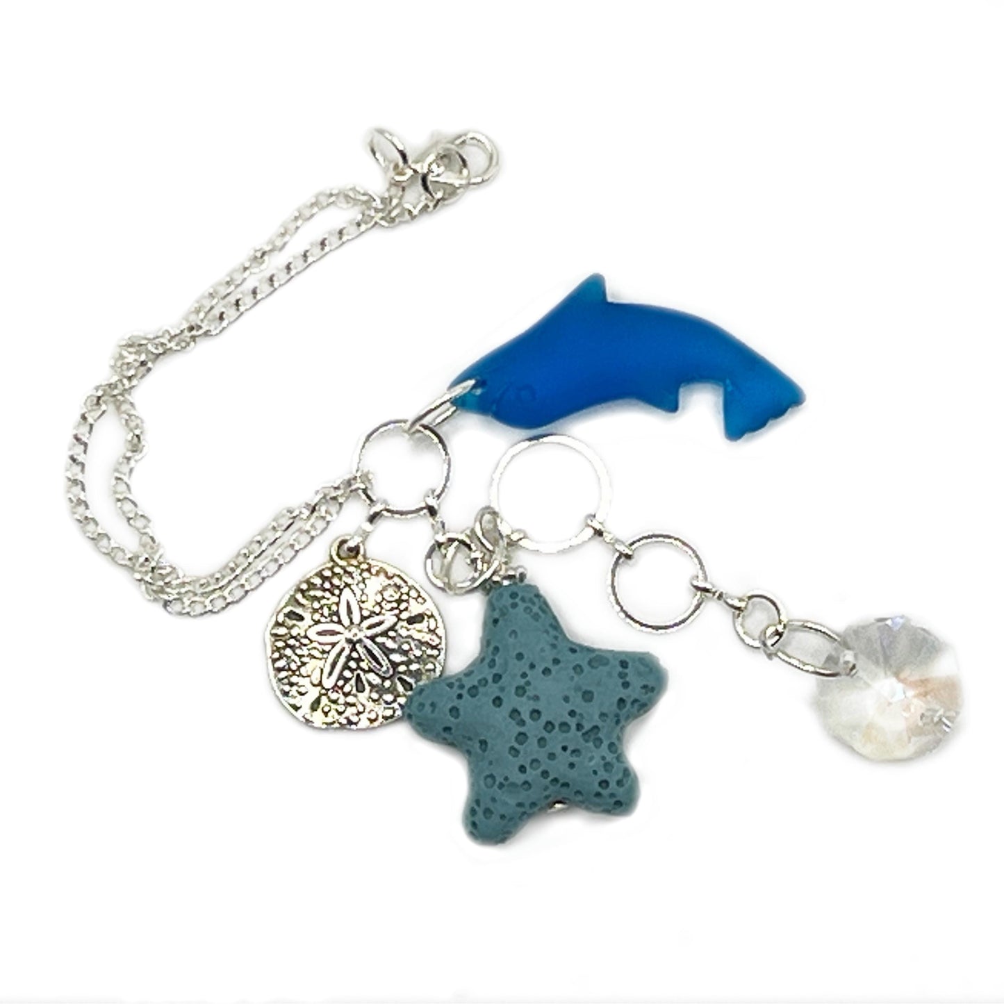 Sea Glass Dolphin Rear View Mirror Charm – Lava Bead Aromatherapy Car Diffuser, Coastal Gift