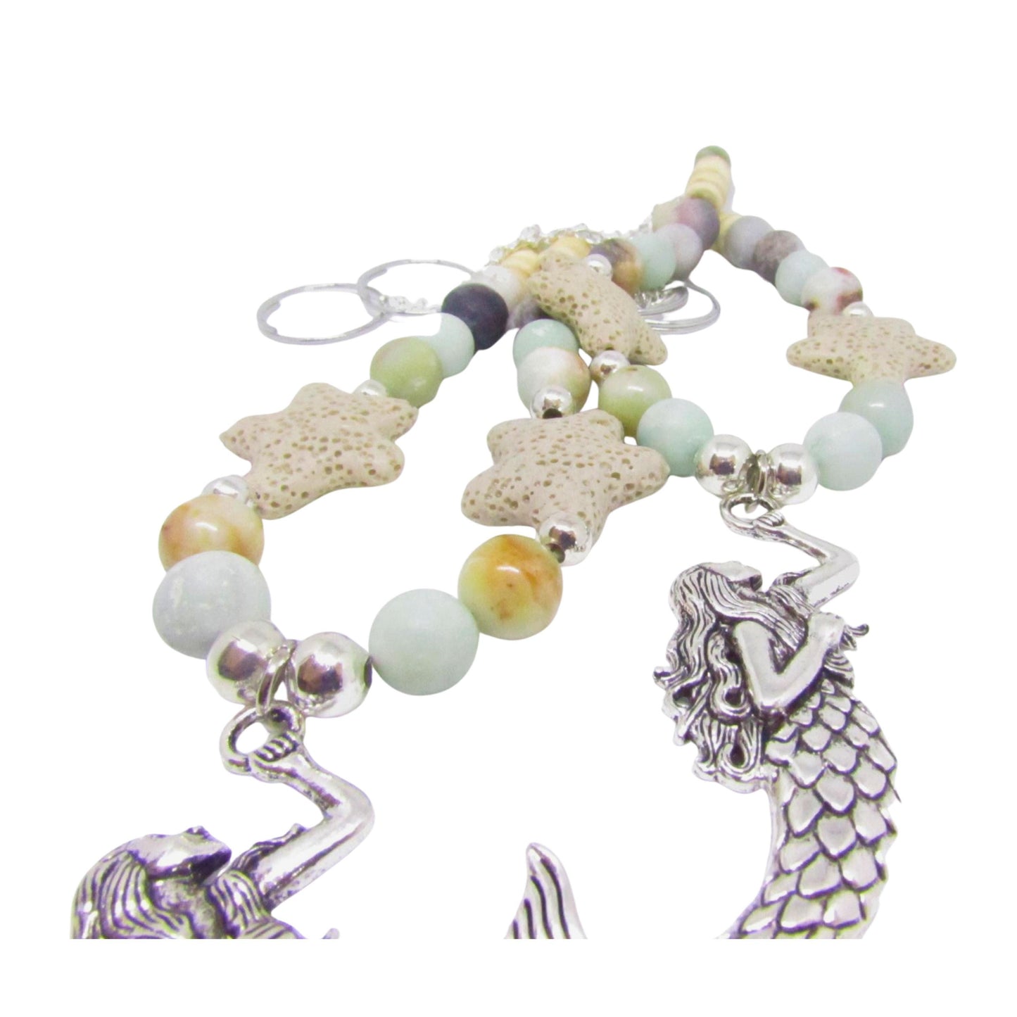 Mermaid Curtain Tiebacks – Amazonite Stone & Lava Bead Aromatherapy Diffuser, Coastal Set of 2