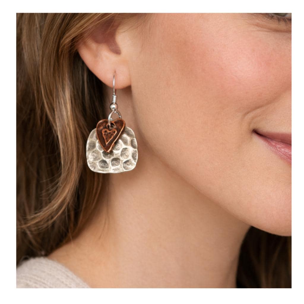 Boho Heart Drop Earrings – Hammered Silver with Copper Detail, Rustic Handmade Jewelry Gift