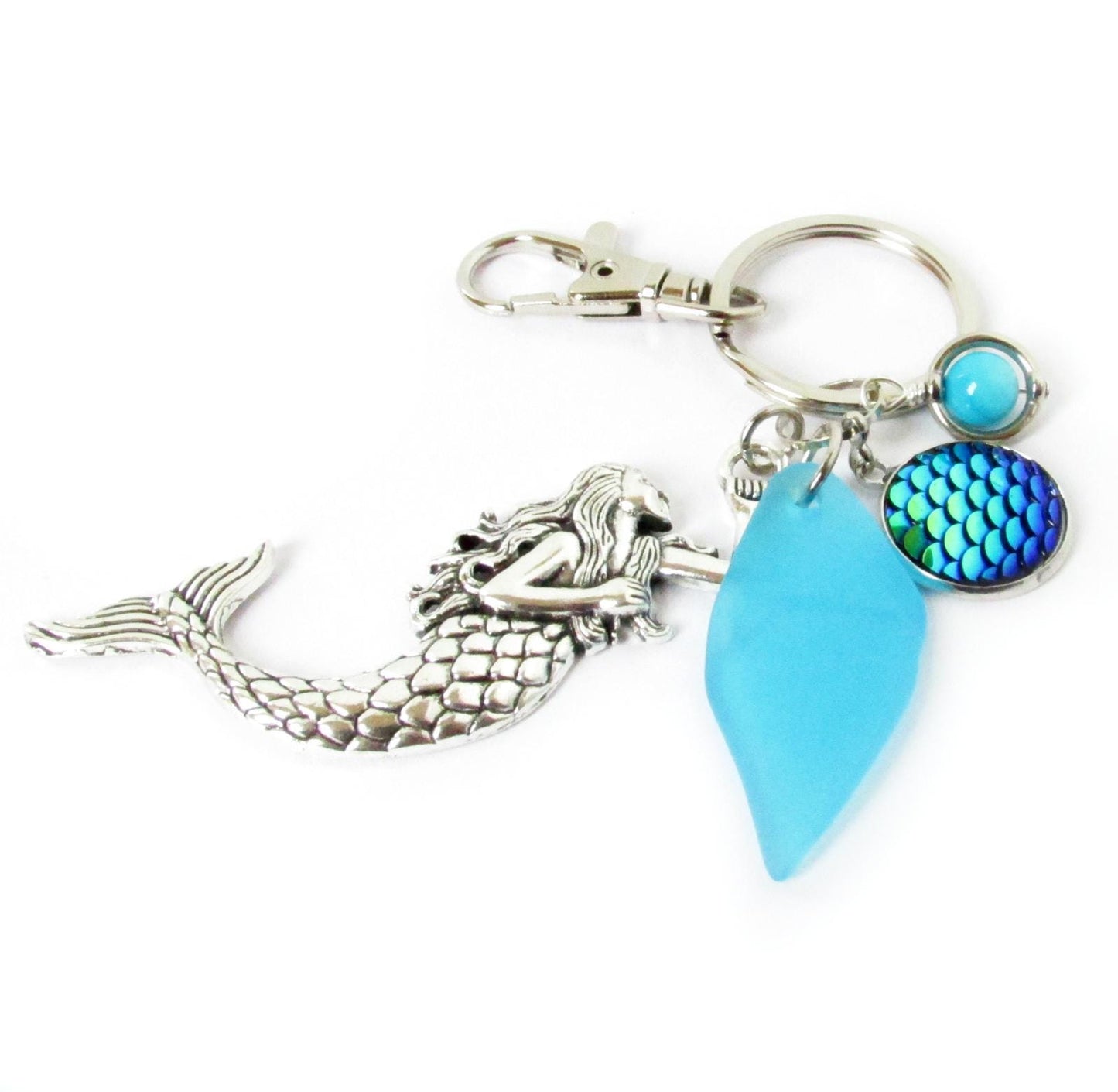 Mermaid Keychain with Sea Glass Charm – Blue or Green, Beach Lover Gift (Keychain or Car Charm)