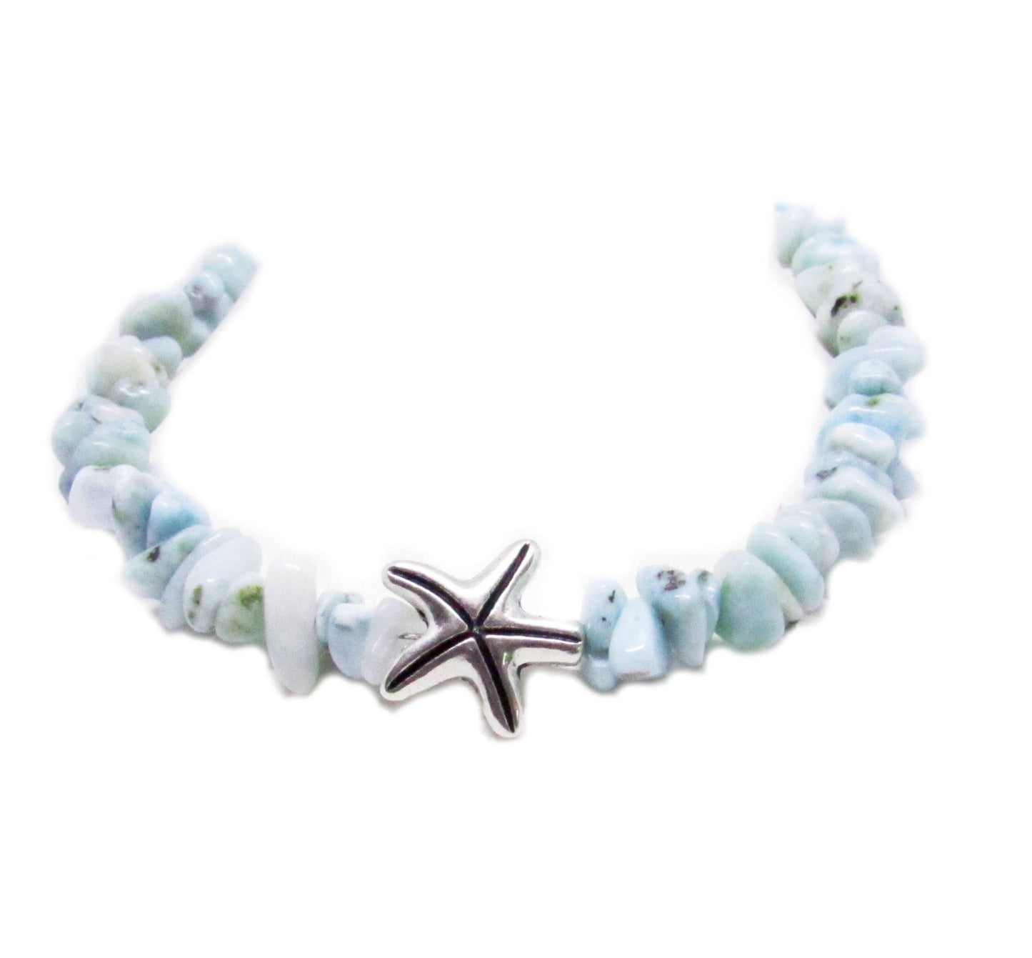 Larimar Chip Bracelet with Starfish – Healing Coastal Chakra Jewelry, Spiritual Beach Gift