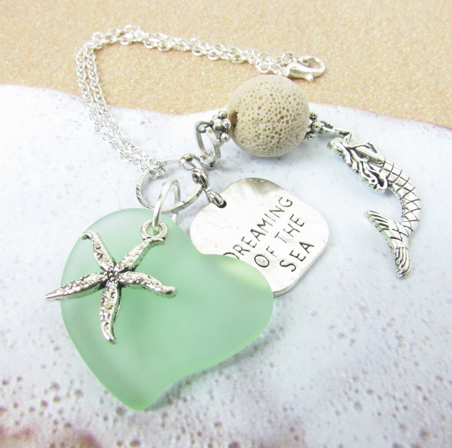 Mermaid Car Charm – Sea Glass Heart & Lava Bead Rear View Mirror Diffuser, Coastal Beach Gift