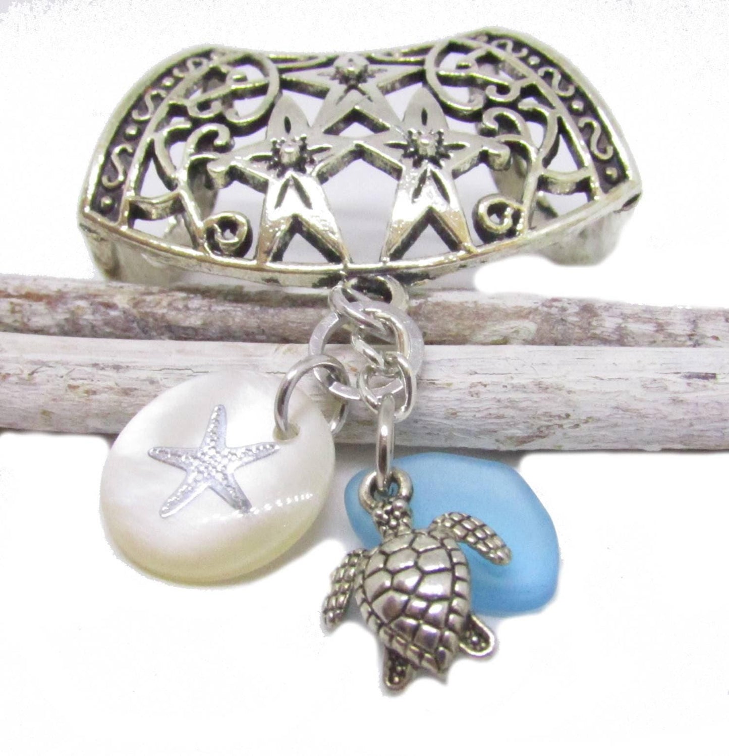 Seashell Scarf Slide – Sea Turtle, Starfish & Blue Sea Glass Coastal Scarf Jewelry