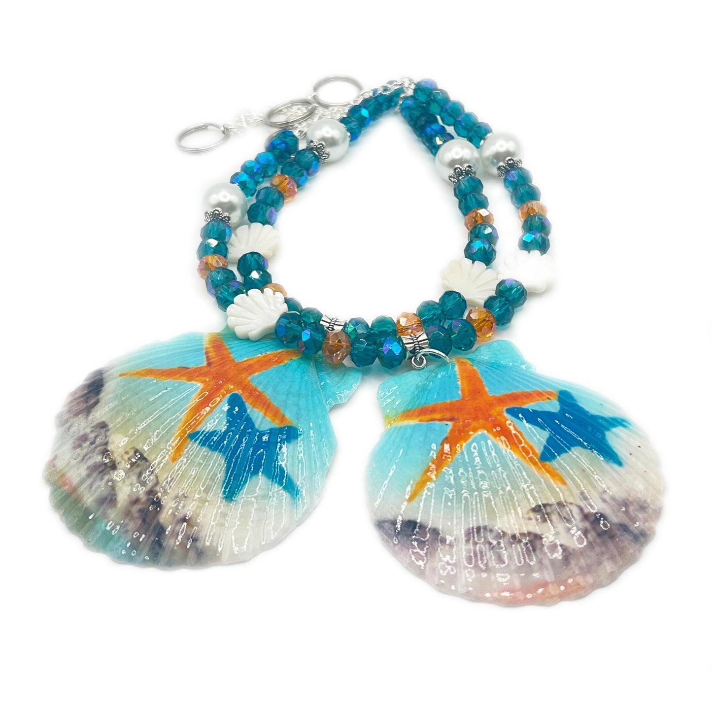 Sea Shell Curtain Tiebacks – Hand-Painted Shell Beaded Coastal Home Decor, Handmade Set of 2