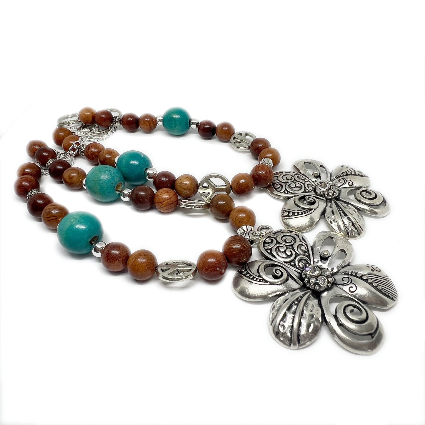 Boho Flower Curtain Tiebacks – Wood Beads & Turquoise, Retro Bohemian Home Decor Set of 2