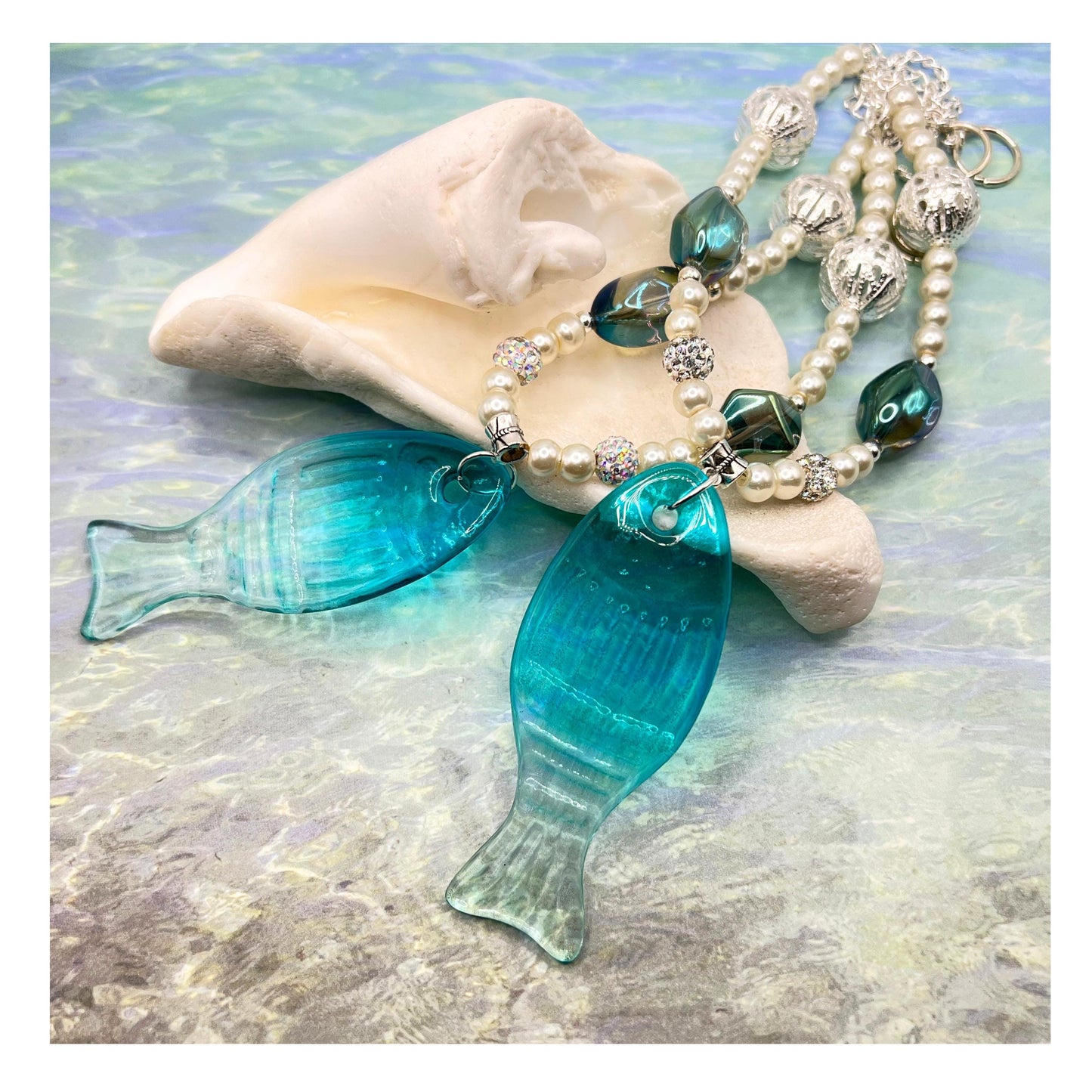 Fish Curtain Tiebacks – Pearl Bead & Glass Fish Pendant Coastal Home Decor, Handmade Set of 2