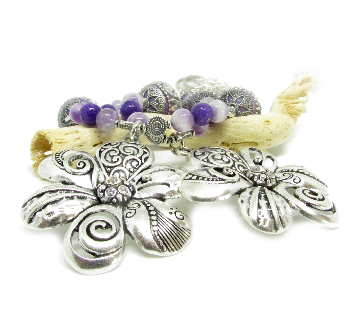Purple Flower Curtain Tiebacks – Amethyst Bead Shabby Chic Window Decor, Handmade Set of 2