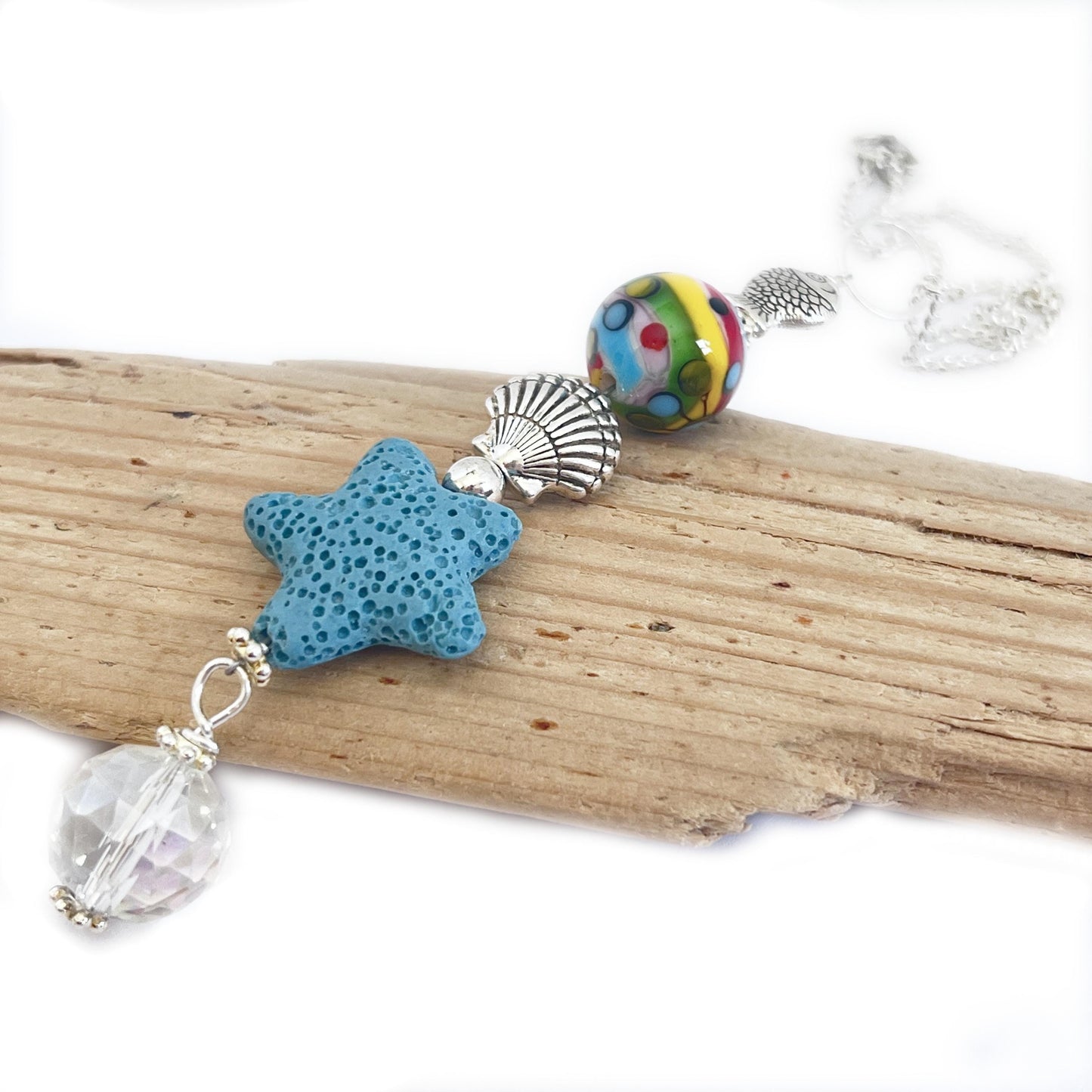 Starfish Car Charm – Beachy Rear View Mirror Diffuser with Lava Bead & Fish Charms