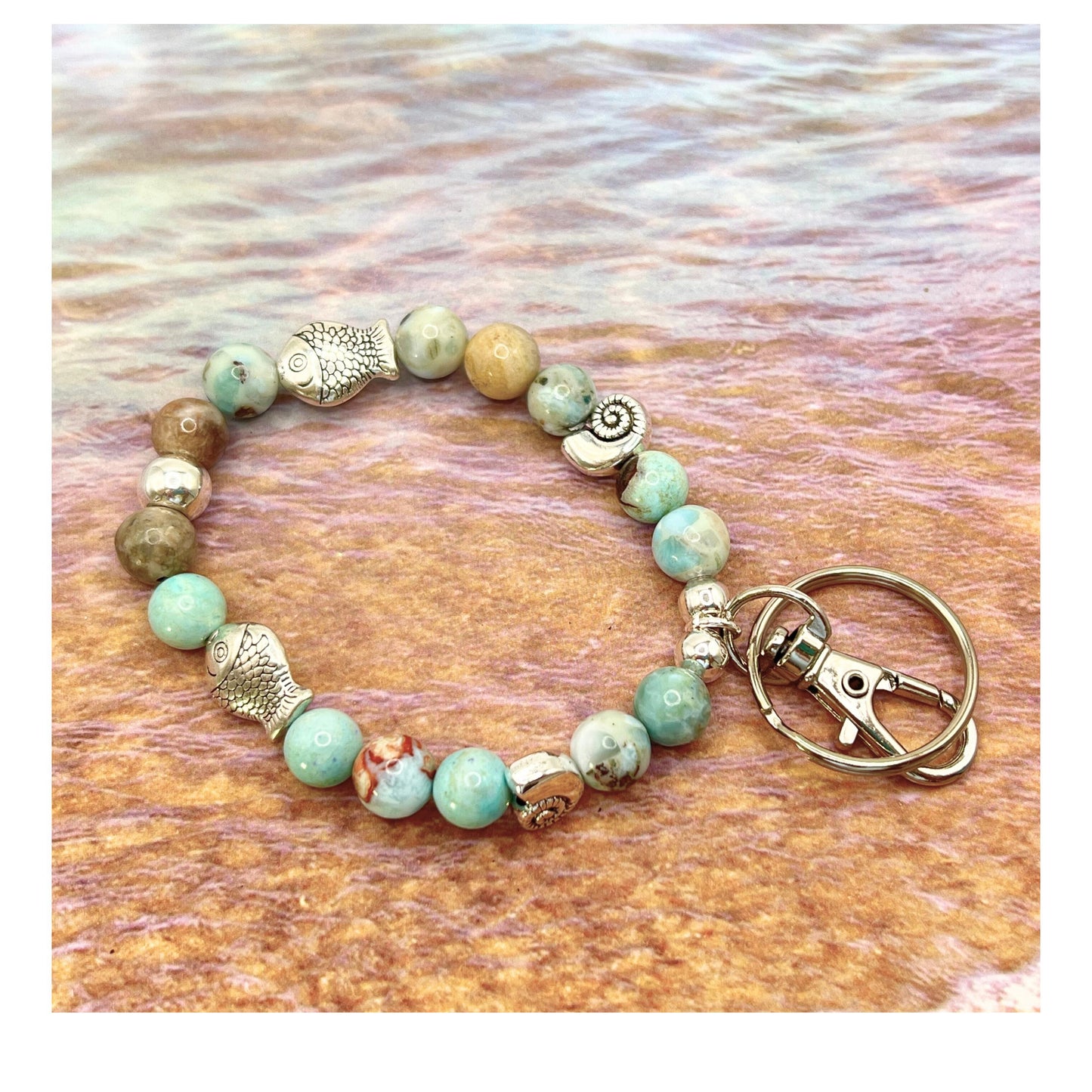Beach Beaded Bracelet Keychain – Wrist Lanyard for Keys, Coastal Gift for Women