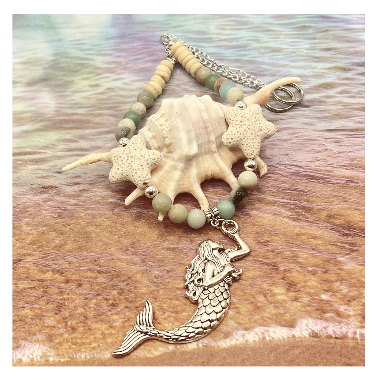 Mermaid Curtain Tiebacks – Amazonite Stone & Lava Bead Aromatherapy Diffuser, Coastal Set of 2