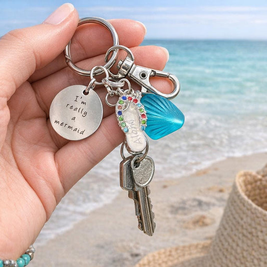 Sea Glass Keychain – Flip Flop & Beach Quote Charm, Coastal Gift for Her (Keychain or Car Charm)