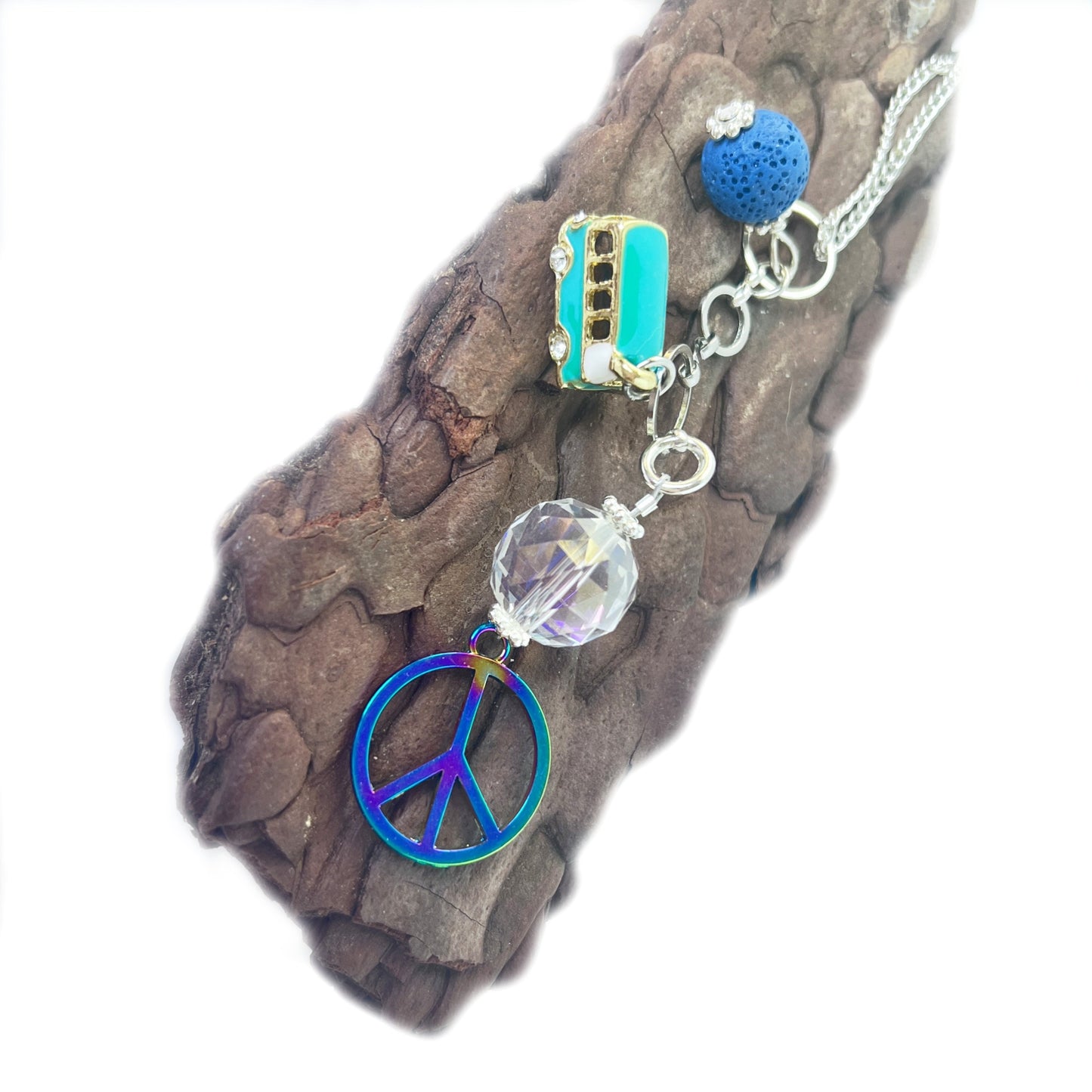 Peace Sign Car Charm – Boho Rear View Mirror Diffuser with Lava Bead & Retro Bus Charm