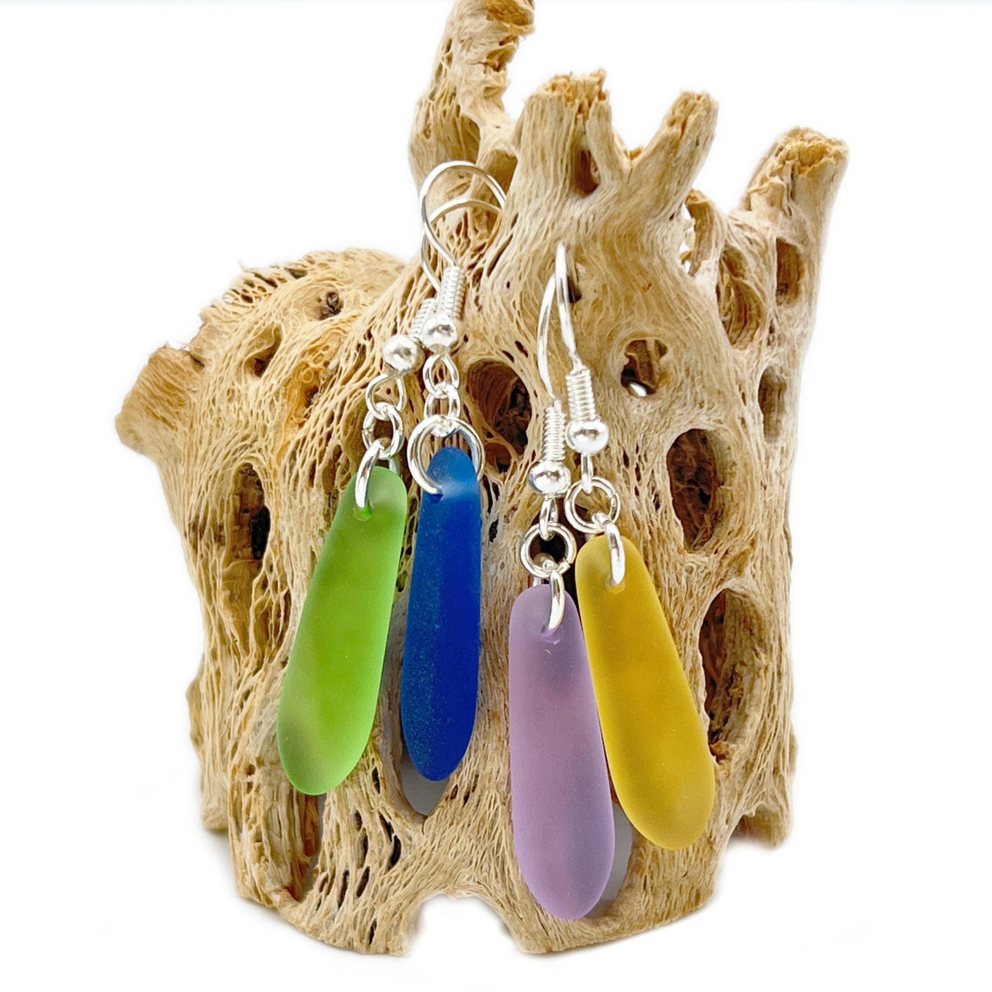 Boho Sea Glass Dangle Earrings – Yellow, Blue, Green or Purple, Handmade Coastal Beach Gift