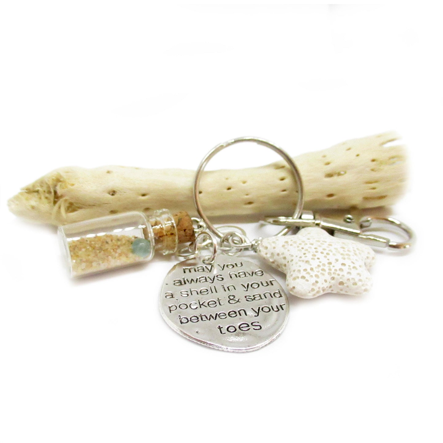 Beach Bottle Keychain – Sand Vial, Starfish Charm & Inspirational Quote, Coastal Ocean Gift