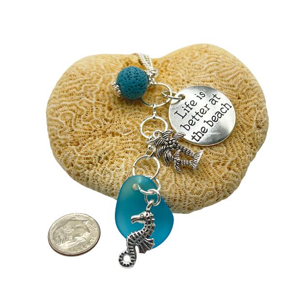 Sea Glass Rear View Mirror Charm – Tropical Beach Car Accessory with Sand Dollar & Sea Turtle