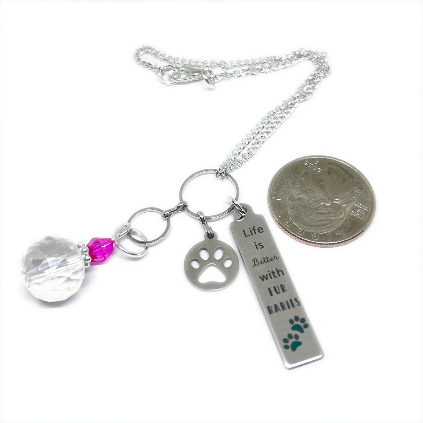 Fur Babies Rear View Mirror Charm – Crystal Paw Quote Car Dangle, Pet Lover Gift (Pink or Clear)