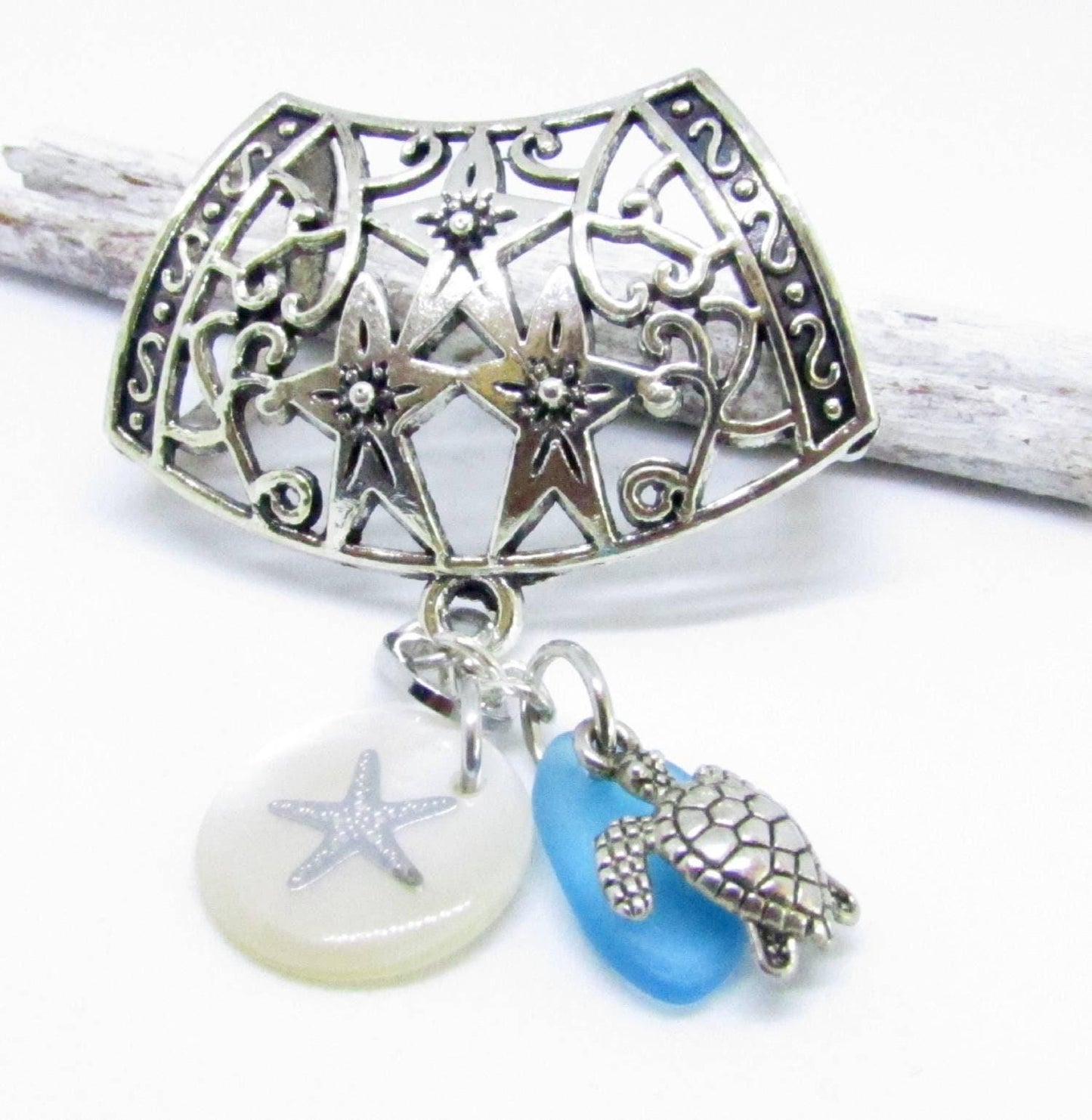 Seashell Scarf Slide – Sea Turtle, Starfish & Blue Sea Glass Coastal Scarf Jewelry